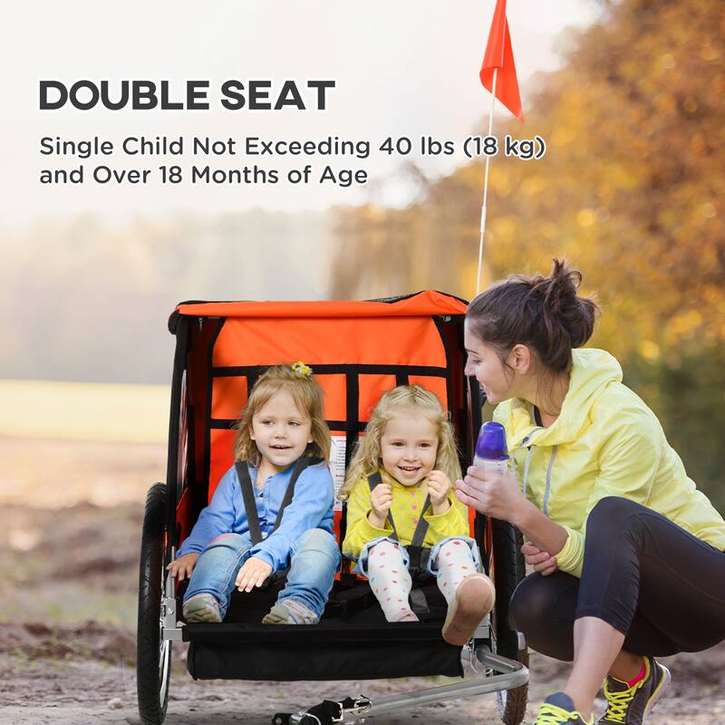 Kids Bike Trailer for Two with Steel Frame, 5-Point Harness, Roll-Up Door, and Large Wheels for Smooth Ride
