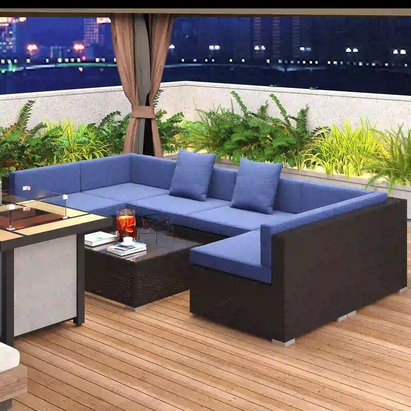 7PCS Patio Sectional,PE Rattan Sofa Coffee Table,Pillows,All Weather - Blue