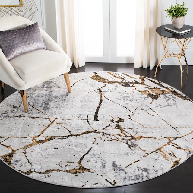 SAFAVIEH Amelia Fietje Modern Abstract Distressed Rug - 5' Round - Grey/Gold