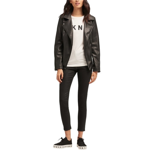 DKNY Womens Belted Faux-Leather Jacket, black, Medium. Opens flyout.