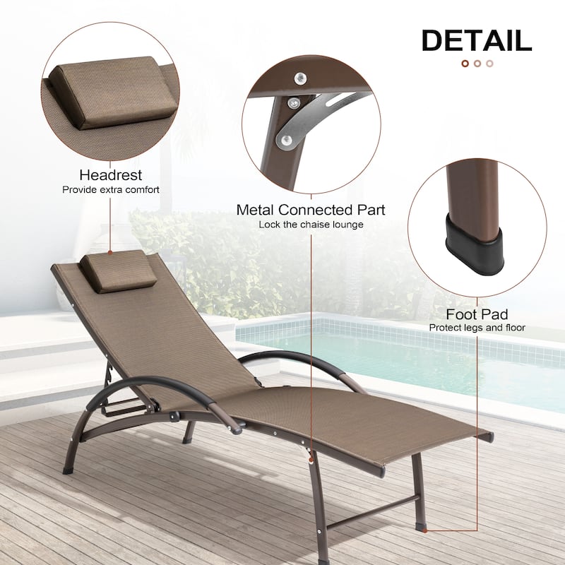 3-piece Outdoor Adjustable Aluminum Reclining Chaise Lounge Chairs with Wheels and Side Table Set