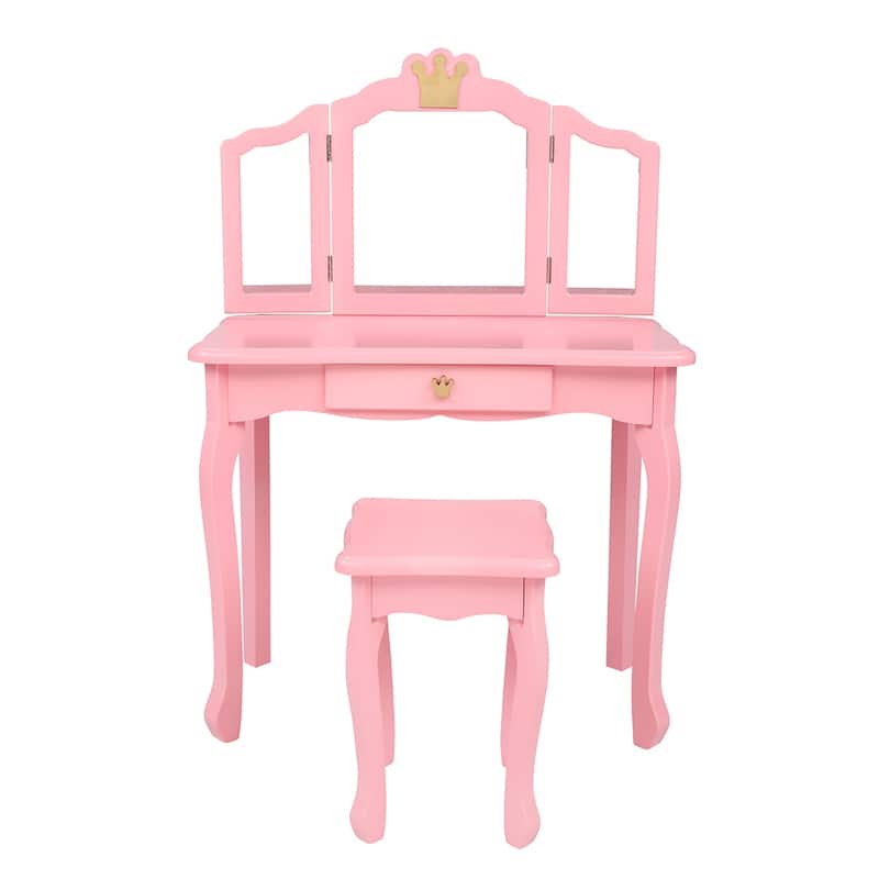 Kids Three-Sided Folding Mirror Dressing Table with Stool - Pink