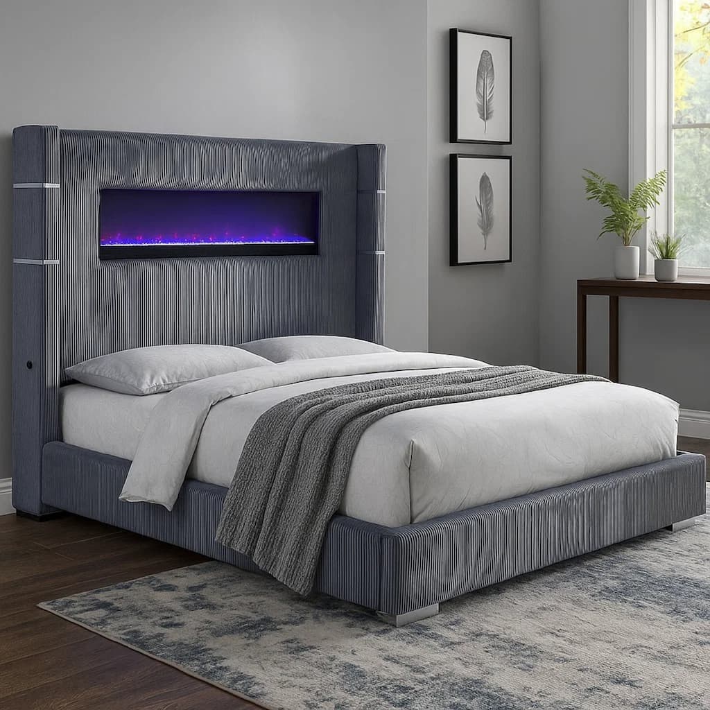 Caro King Bed, Wingback Panel w LED Flame, Gray Corduroy Upholstery