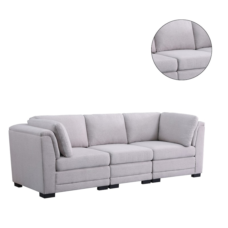 Linen Fabric Upholstered 3-Seater Modular Sofa in Light Gray and Black