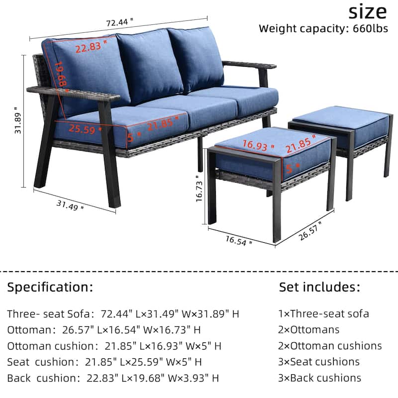 OVIOS Outdoor 3-piece Wicker Sectional Sofa Set With Ottoman Steel Frame