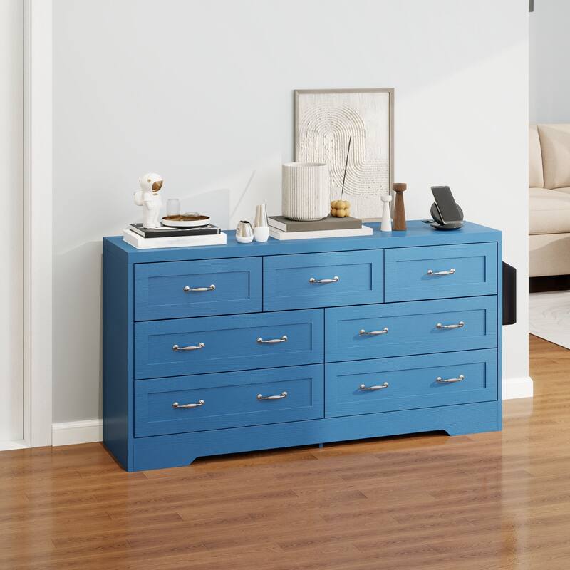 Moasis 6-Drawer 7-Drawer Double Dresser with Power Outlet and Organizer Bag - Blue - 7-drawer