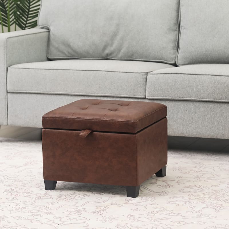 Adeco Faux Leather Tufted Flip Top Storage Ottoman - Coffee-Brown-Faux-Leather