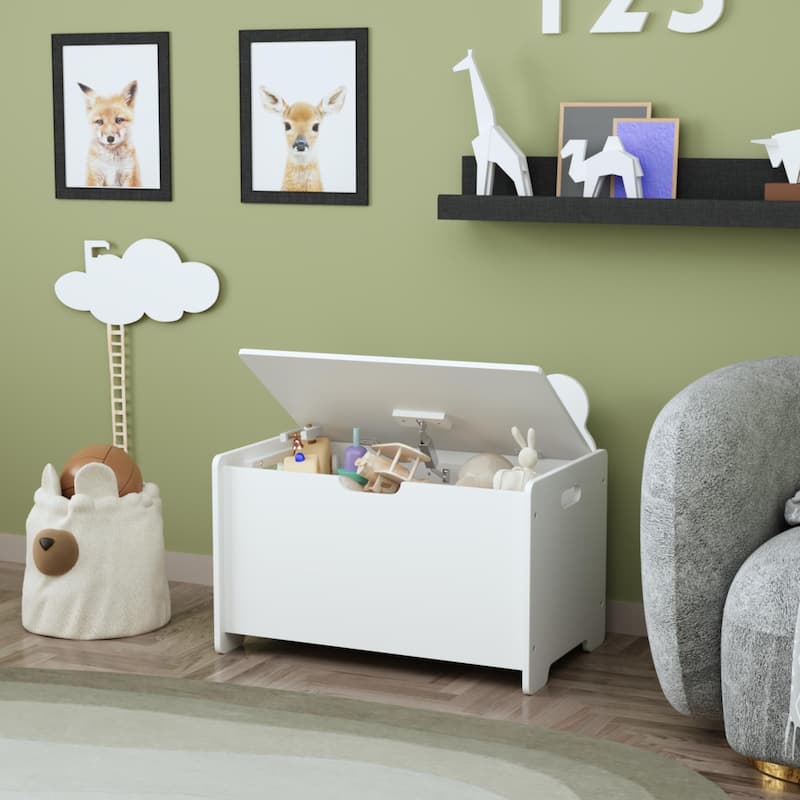 Kids Toy Box, Children Wooden Organizer Storage Chest with Safety Hinged Lid for Ages 2+ (White)