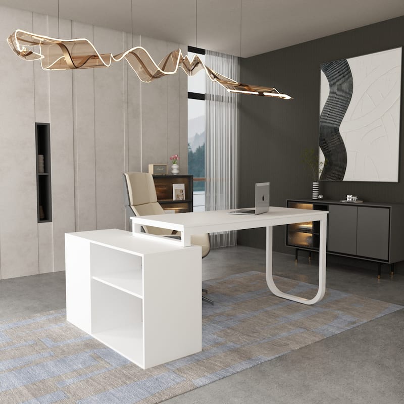 55" L-Shaped Computer Desk - Storage Workstation - 5 Colors Large - White