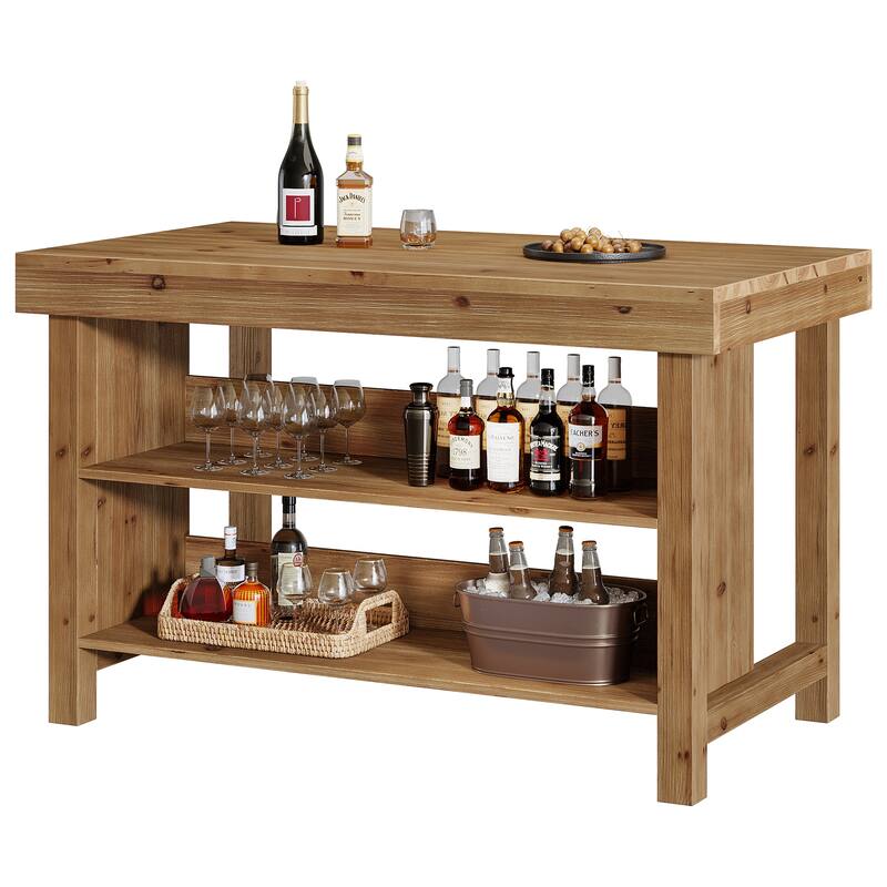 3-Tier 55-Inch Bar Table, Solid Wood Rectangular Home Bar Unit
