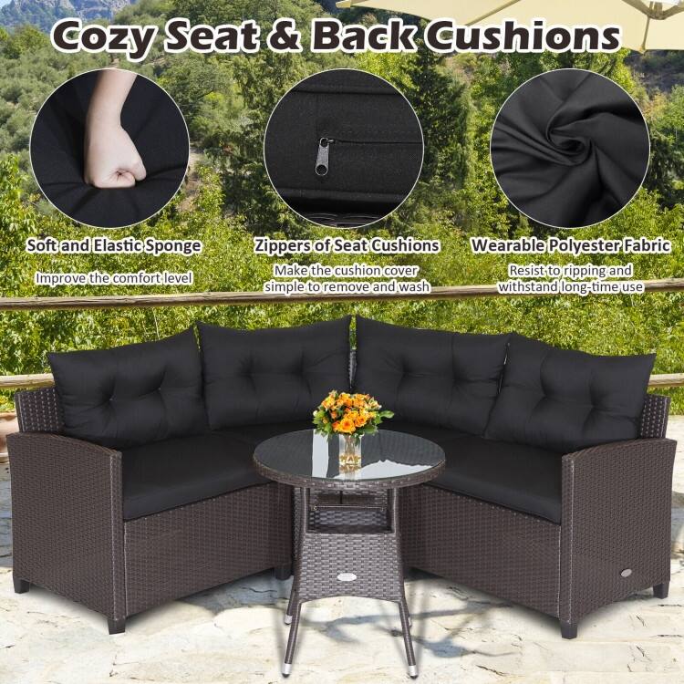 4 Pieces Patio Rattan Furniture Set Cushioned Sofa Glass Table - 49.5" x 23" x 29"