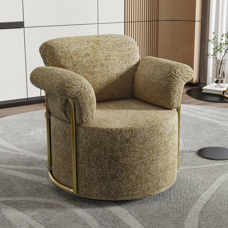 360 Degree Barrel Swivel Fluffy Fabric Lounge Wide Upholstered Reading Chair with Gold Metal Legs