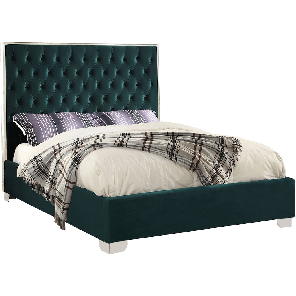 Modern Velvet Upholstered Bed - Deep Tufted Design, Chrome Steel Frame