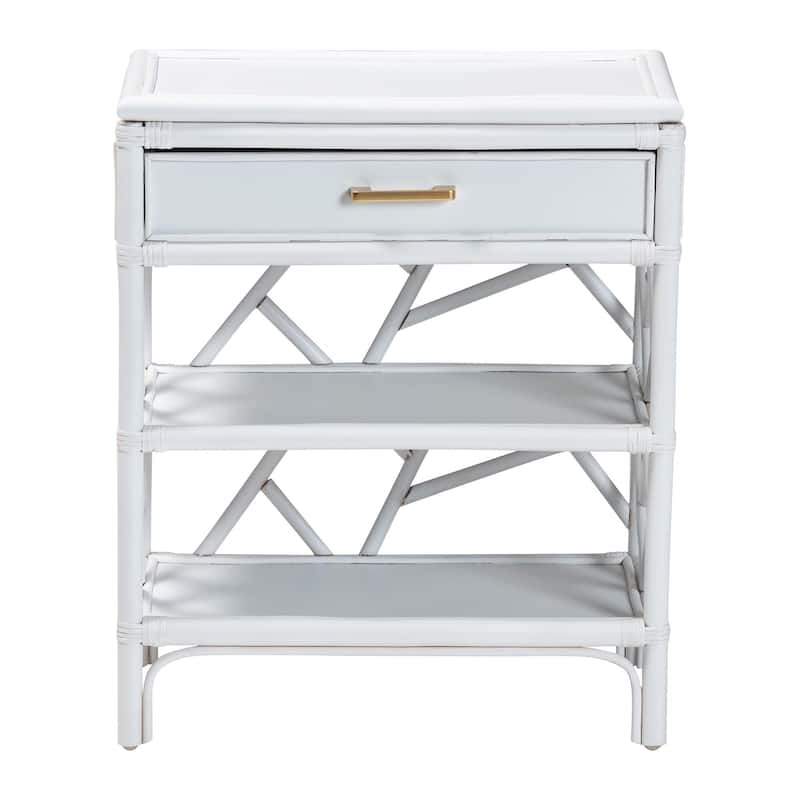 Daina Natural Rattan Nightstand with Drawer and Open Shelves- Coastal Bedside Table with Geometric Design