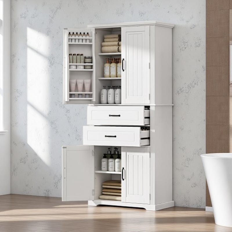 72.5" Tall Storage Cabinet with Adjustable Shelves & 2 Drawers,聽 4 Doors