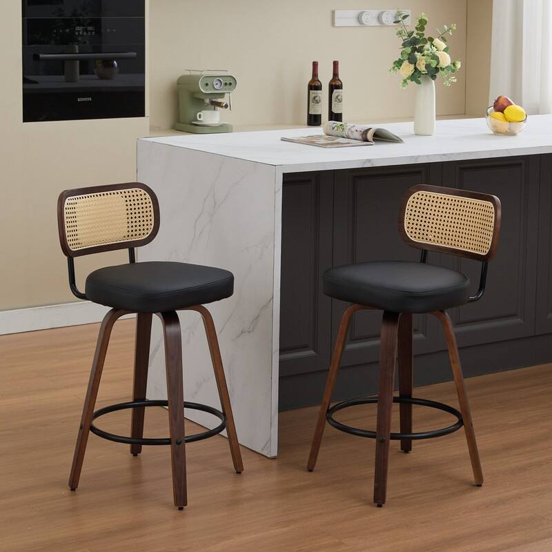 26" Swivel Rattan Bar Stools - Walnut Finish Counter Height Stools with Upholstered Seat