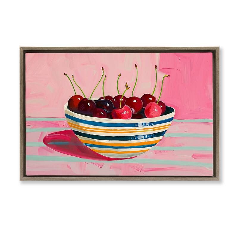 Stupell Bowl of Cherries on Pink Framed Floater Canvas Wall Art Design By Arlington Prints - 25 x 17 - Brown