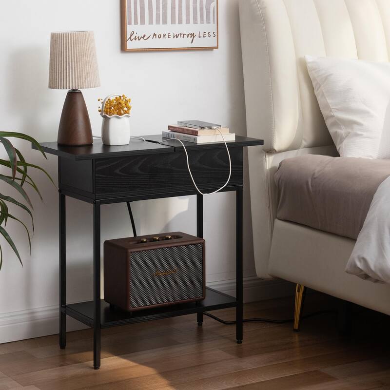 Flip Top Narrow End Table with Storage and Built-In Outlets, Small Side Table - Black