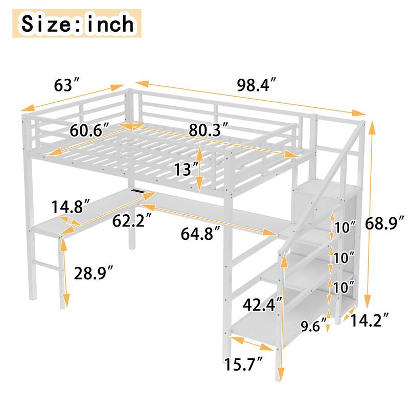 Queen Size Loft Bed with L-Shaped Desk & USB Ports - Metal High Loft Bed with Wardrobe & Adjustable LED Shelves for Teens