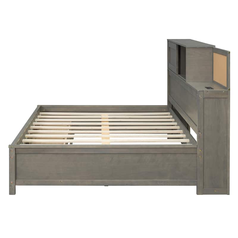 Full Size Wooden Daybed with 3 Storage Drawers and Upper Soft Board, Versatile Sofa Bed Frame w/a Set of Sockets & USB Ports