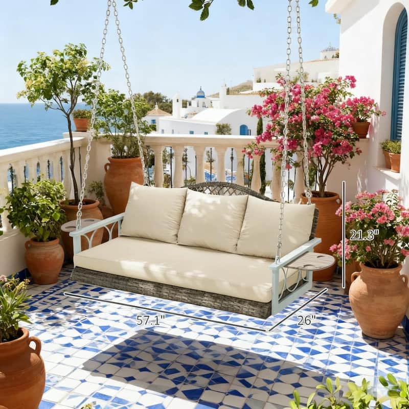 GDFStudio - Theodore Three-Person Hanging Porch Swing with Woven Frame and Comfort-Focused Design - Swing Bench