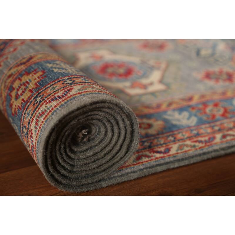 Traditional Geometric Kazak Oriental Grey Wool Runner Rug Hand-knotted - 2'8" x 9'9"