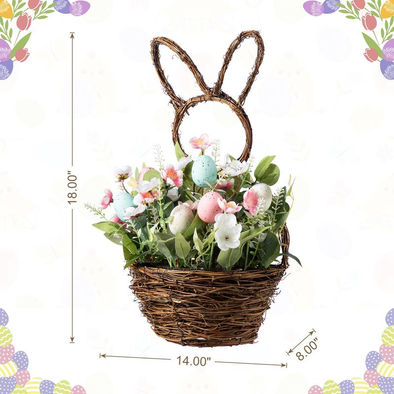 Glitzhome Easter Bunny Shaped Wreath with Eggs Satin Ribbon Bow Basket