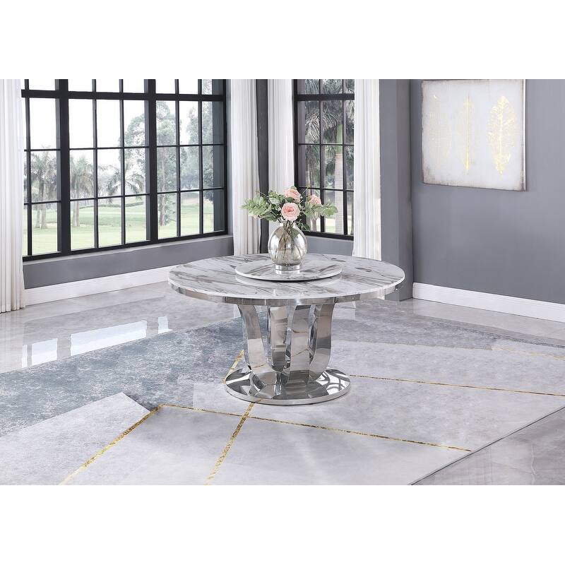 Best Quality Furniture Genuine White Marble Dining Table w/ Lazy Susan - Table + Lazy Susan - Table + Lazy Susan - White