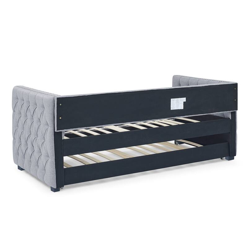 Roomfitters Upholstered Tufted Daybed with Trundle, Full Size Sofa Bed with Twin Trundle and Nailhead Trim on Square Arms