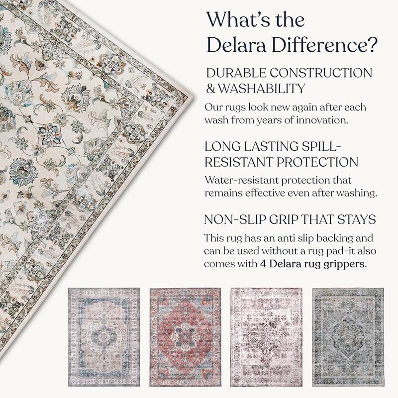 Delara Machine Washable Area Rug, Soft & Durable, Non-Slip Backing, Eco- Friendly GRS certified.