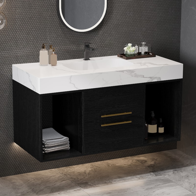 GDFStudio - Modern 39.4" Wall Mounted Floating Sintered Stone Bathroom Vanity with Seamless Ceramic Sink & Soft-Close Drawers