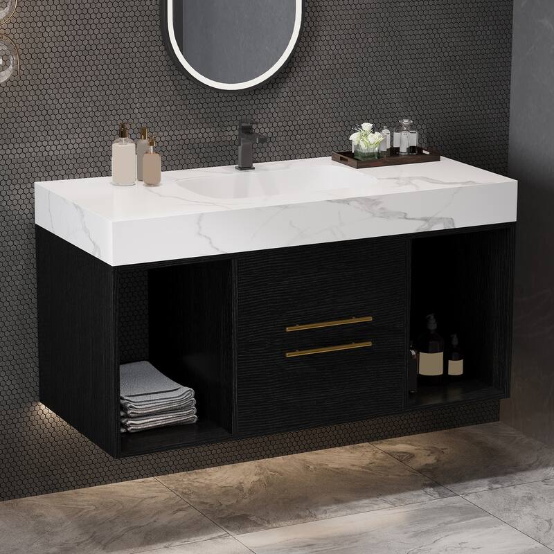 Modern Wall Mounted Bathroom Vanity Floating Storage Cabinet with Ceramic Sink, Faux Marble Countertop, Drawers and Open Shelves