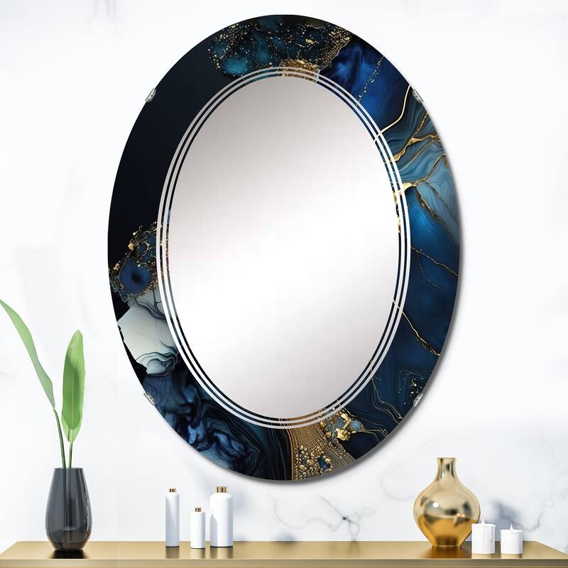Designart 'Abstract Geode Gold And Blue Marble V' Printed Abstract Marble Wall Mirror - 24in.x36in.