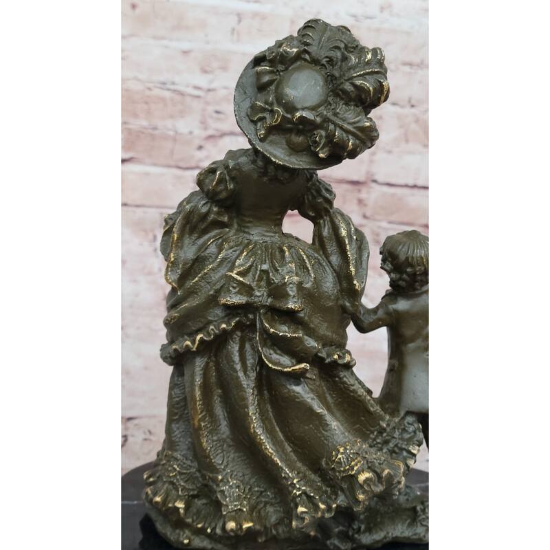 Bronze Victorian Lady And Boy Sculpture On Marble Base