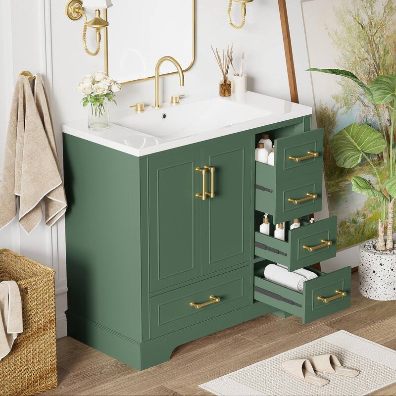 36 inch Solid Wood Traditional Bathroom Vanity with Ceramic Sink and Four Drawers