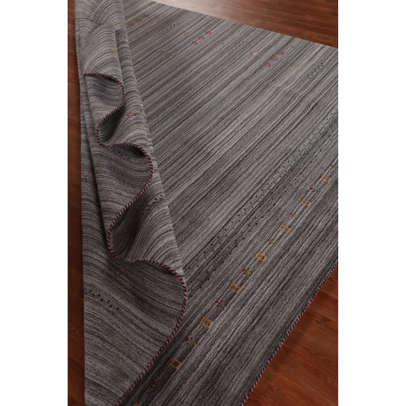 Hand Knotted Oriental 100% Wool Carpet Tribal Stripe Greys & Charcoal Gabbeh Area Rug - 9' 7'' X 8' 1''