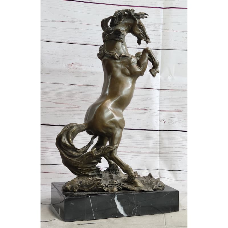 Rearing Imitative Horse Bronze Metal Statue Sculpture Figure On Marble Base