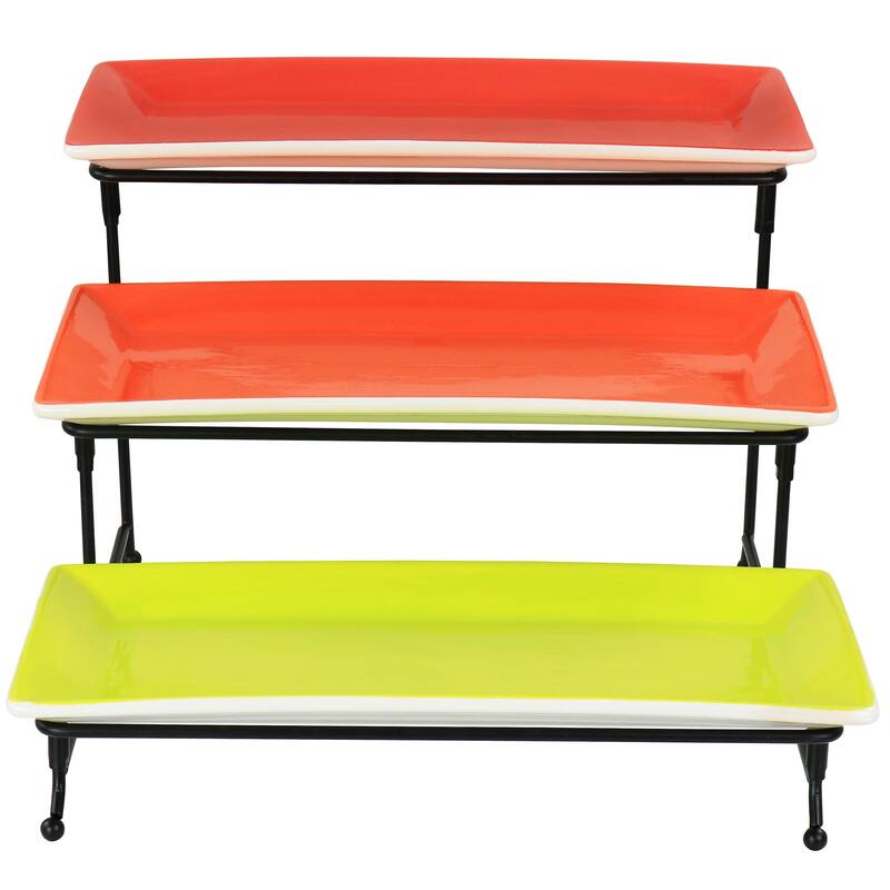 Hand Painted Stoneware 3-Tier Serving Set with Metal Rack