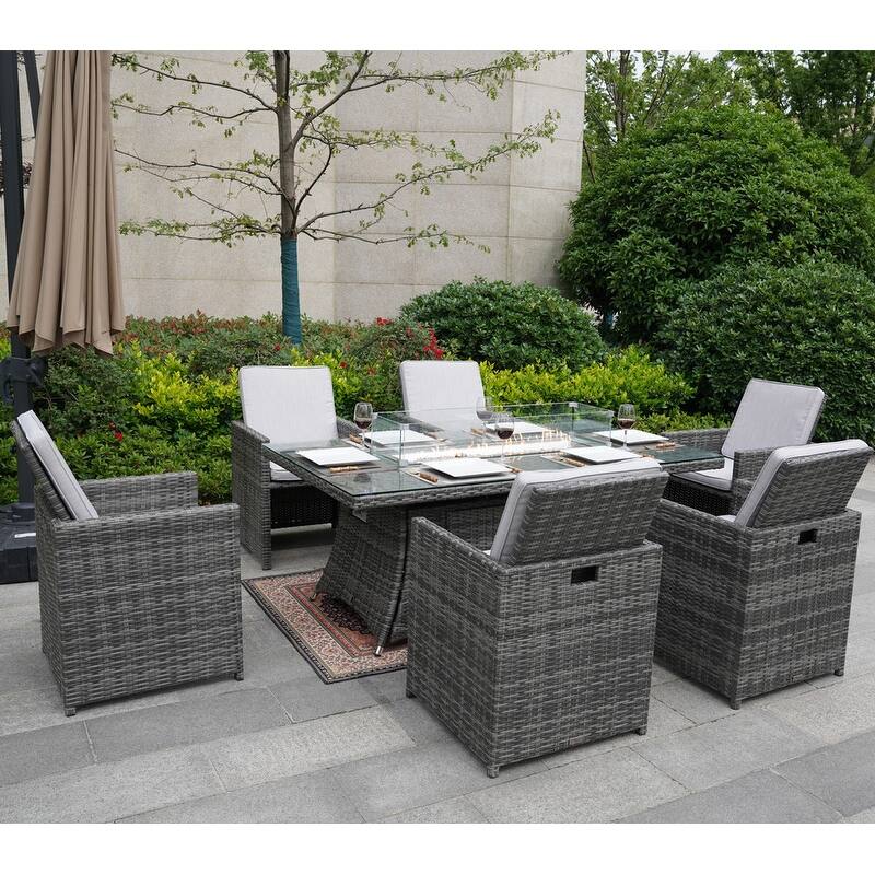 7-Piece Patio Wicker Rectangle Firepit Table with Chairs