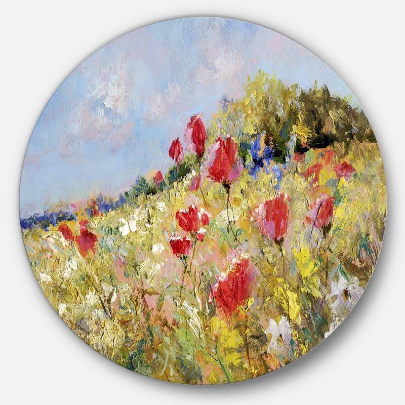 Designart 'Painted Poppies on Summer Meadow' Landscape Wall Metal Wall Art - 23 x 23 - disc of 23 inch