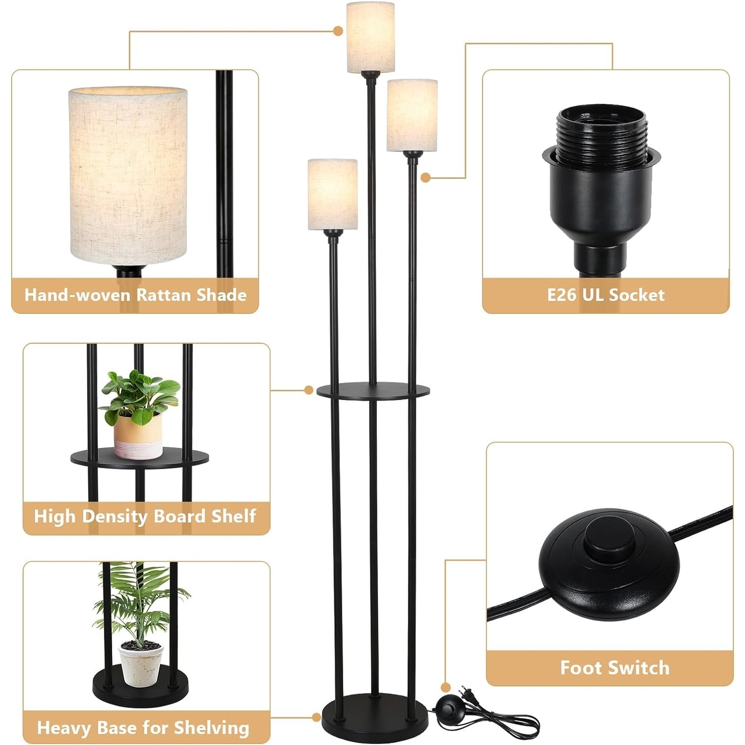 Floor Lamp with Shelves Modern Floor Lamps for Living Room 3 Lights Standing Lamp with Linen Shade and Foot Switch Brown Black
