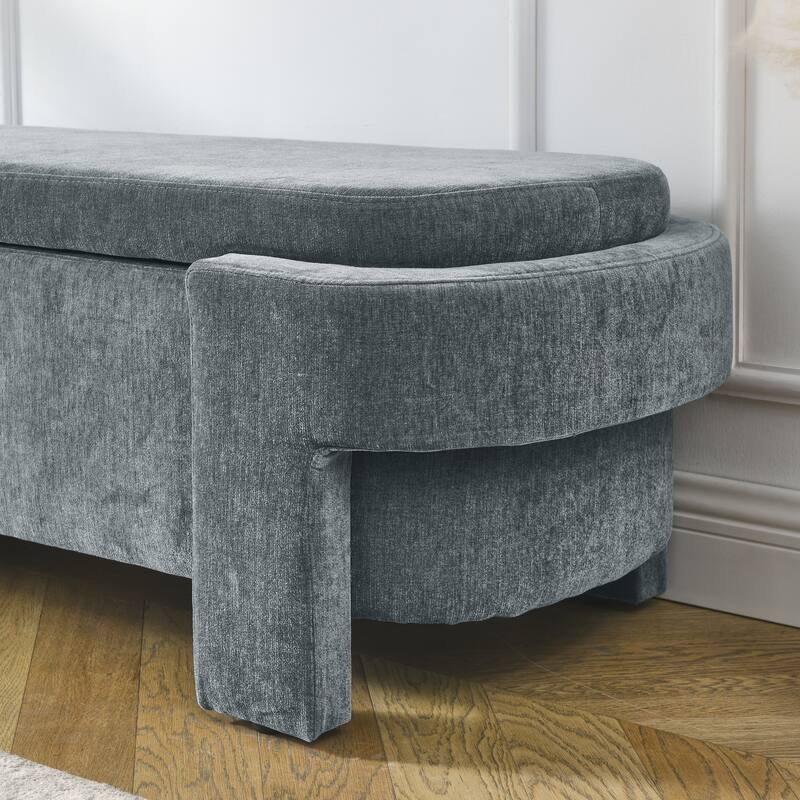 Oval Storage Bench End of Bed Storage Ottoman Benches Linen Fabric Upholstered Ottoman Bench w/ Large Storage Space for Bedroom