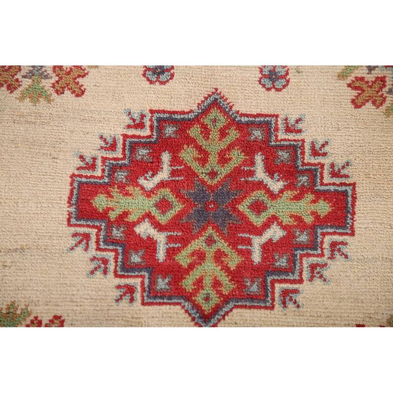 Beige Kazak Area Rug Hand-Knotted Geometric Wool Carpet - 6'6" x 9'2"