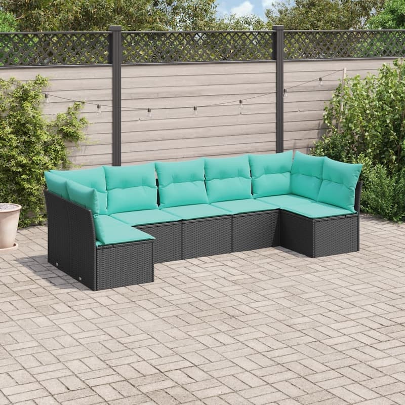 vidaXL 7 Piece Patio Sofa Set with Cushions Black Poly Rattan - 113.8x27.2x46.1-Without table