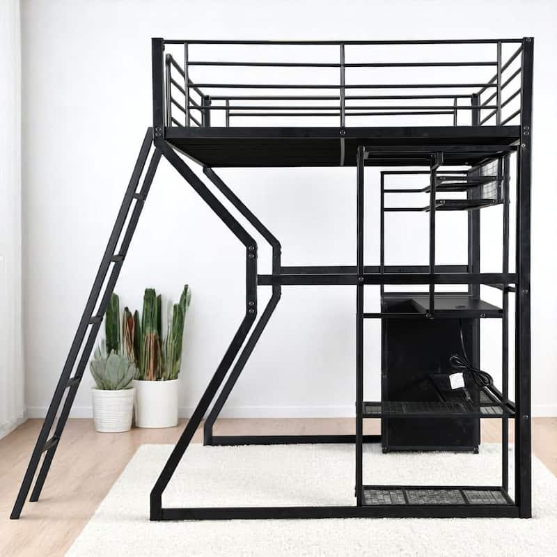 Full Size Metal Loft Bed with Desk, LED Lights, Charging Station, Open Wardrobe & Storage Shelves, Gaming Workstation Loft Frame