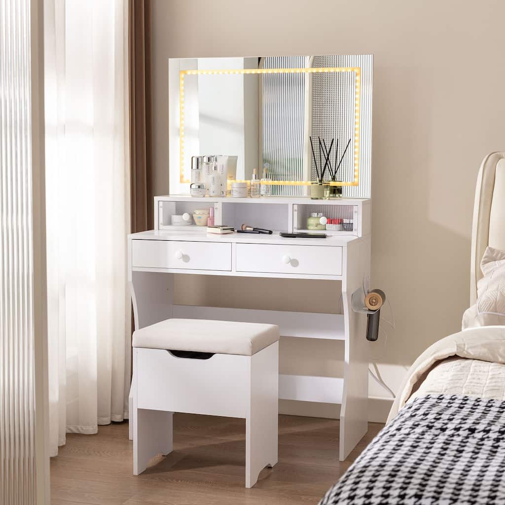 Javlergo Makeup Vanity Desk Set with Storage Stool，5 Drawers & LED Lighted Mirror & Power Outlet, White