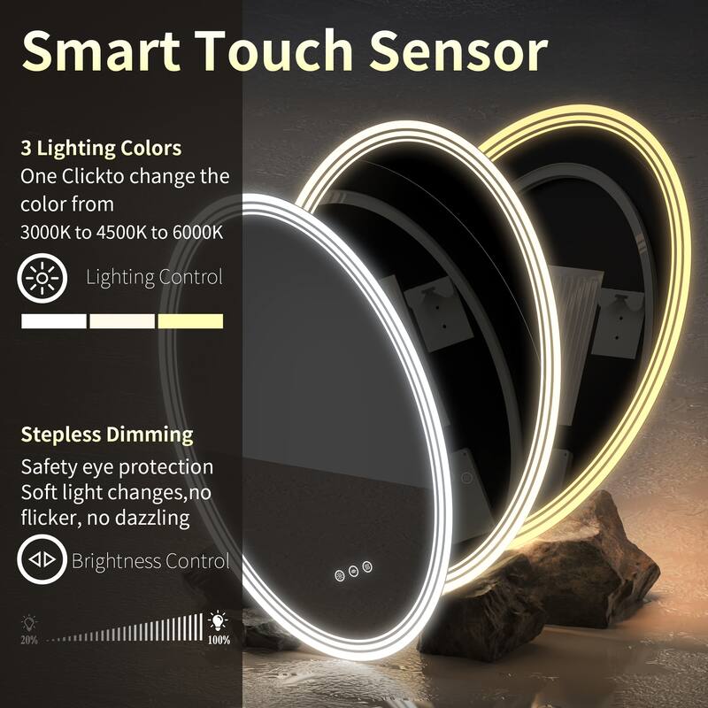 UL Certified Oval LED Bathroom wall Mirror, Anti-fog, 3-Color Dimmable