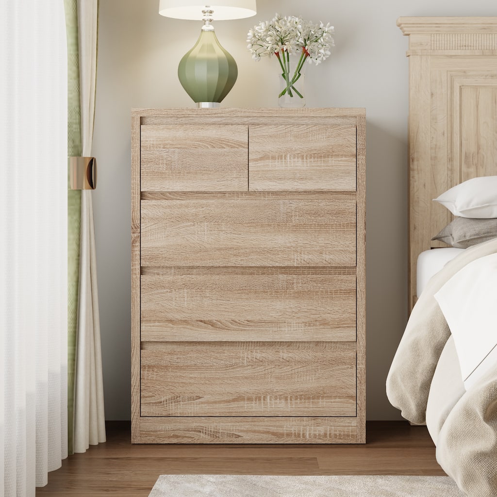 Wood Grain Nightstand,5 Drawers + 3 Hidden Spaces + Flip - Up Top,for Bedroom Privacy