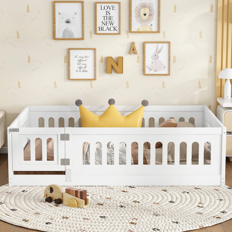 White Bed Frame Montessori Bed Twin Size Toddler Floor Bed with Guardrails and Door for Children Boys Girls Kids Playroom