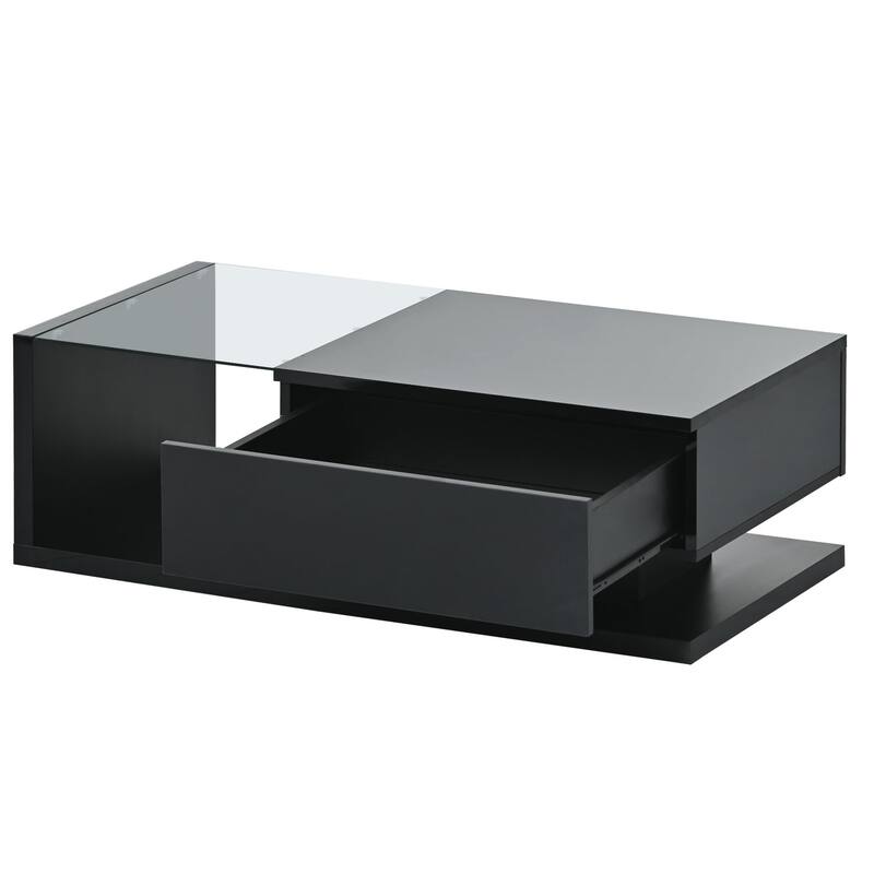 Contemporary Coffee Table with Tempered Glass & Wooden Base, 2-Tier Design, High Gloss UV Surface for Living Room, Black